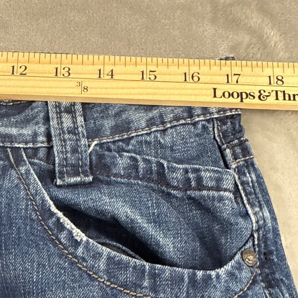 Express Jeans Rocco Mens 34x30 Blue Slim Low Rise Wide Boot Embroidered Lion Y2K - Picture 3 of 8